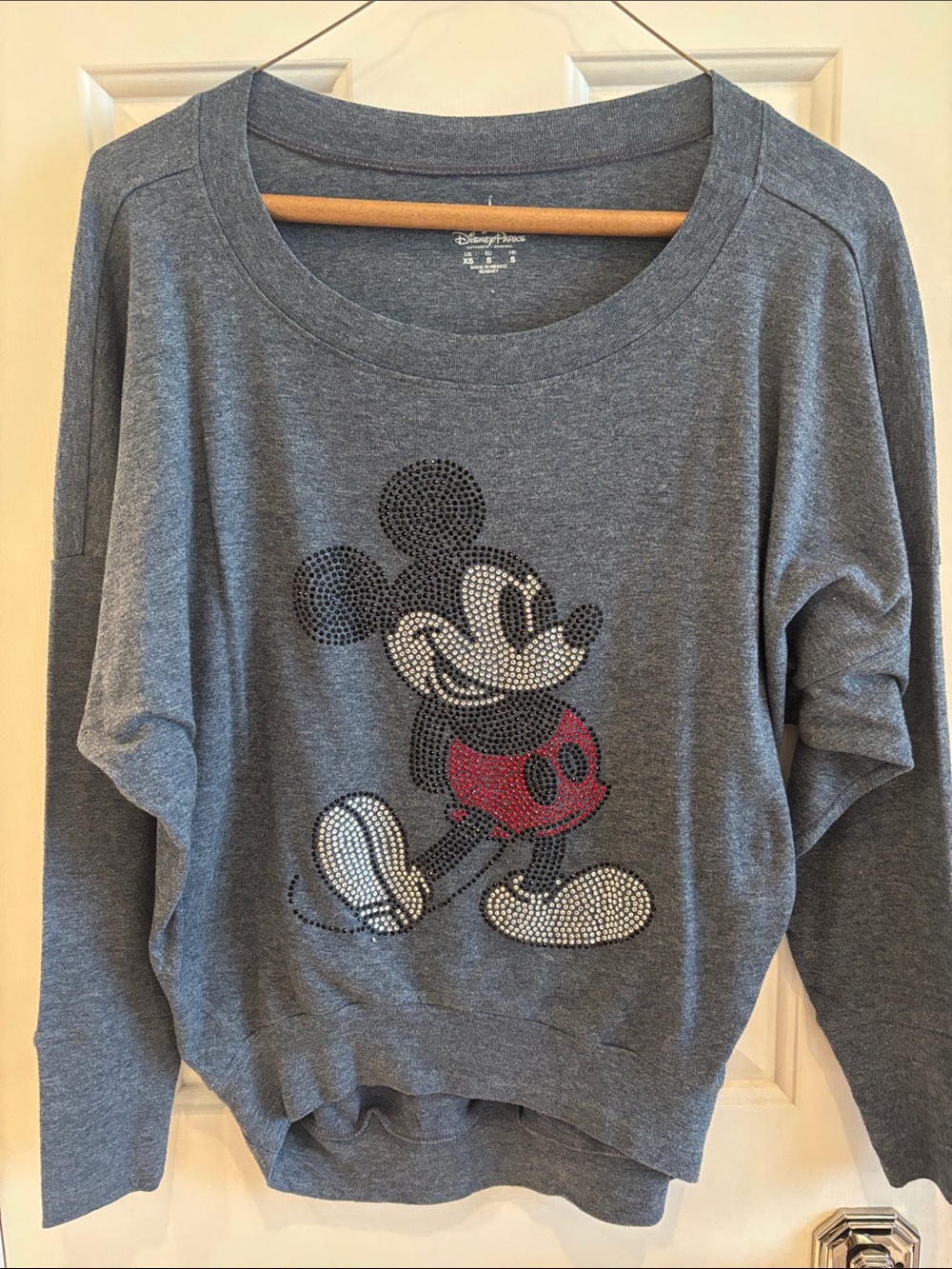 Disney Gray Long Sleeve Mickey Rhinestone Top with Red Accent